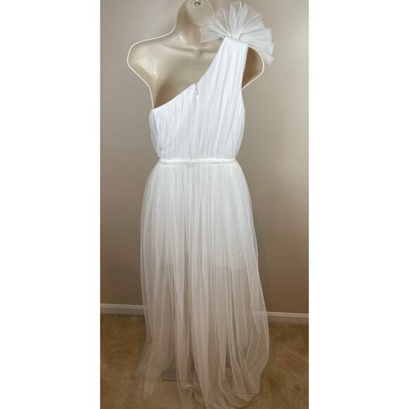 SAU LEE Sidney One Shoulder Ruched Tulle Mini Dress with Detachable Train Sz 2 - Picture 9 of 11